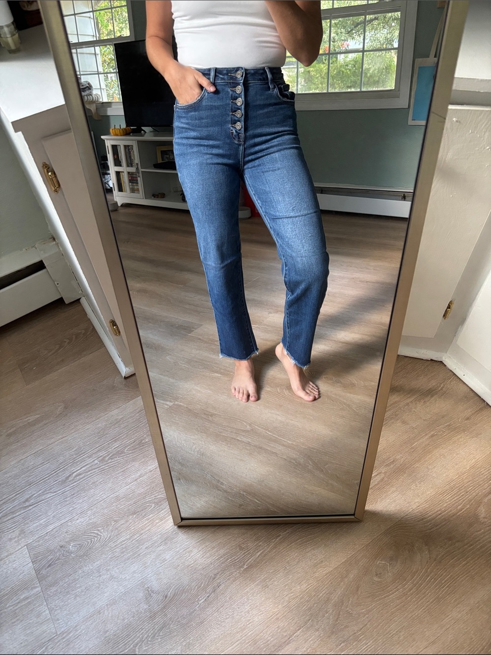 High-Rise Button-Fly Straight Leg Jeans in Medium Blue